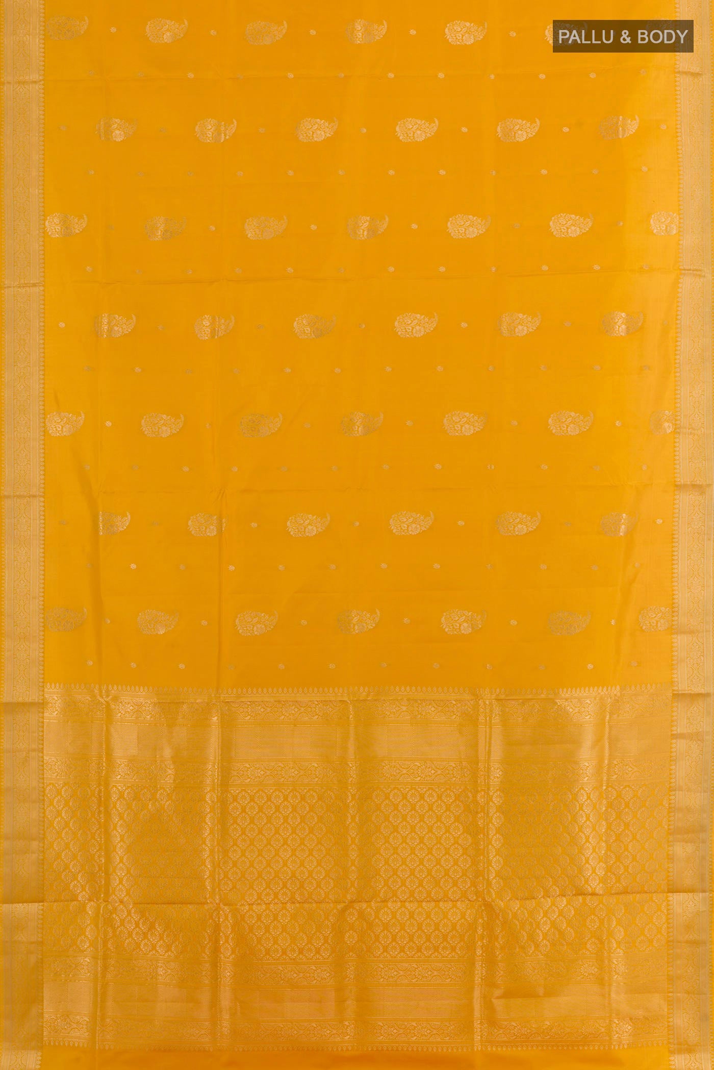 Flat view of Yellow Soft Silk Saree with Zari Butta on the body and Zari Border. 