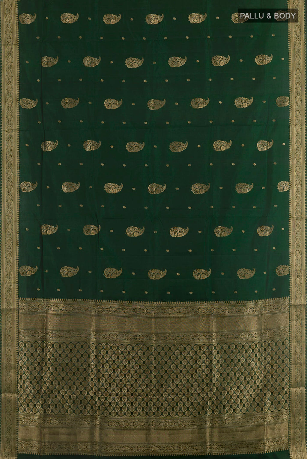 Flat view of Bottle Green Soft Silk Saree with Zari Butta on the body and Zari Border. 