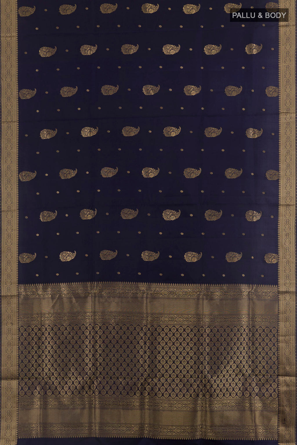Flat view of Navy Blue Soft Silk Saree with Zari Butta on the body and Zari Border. 