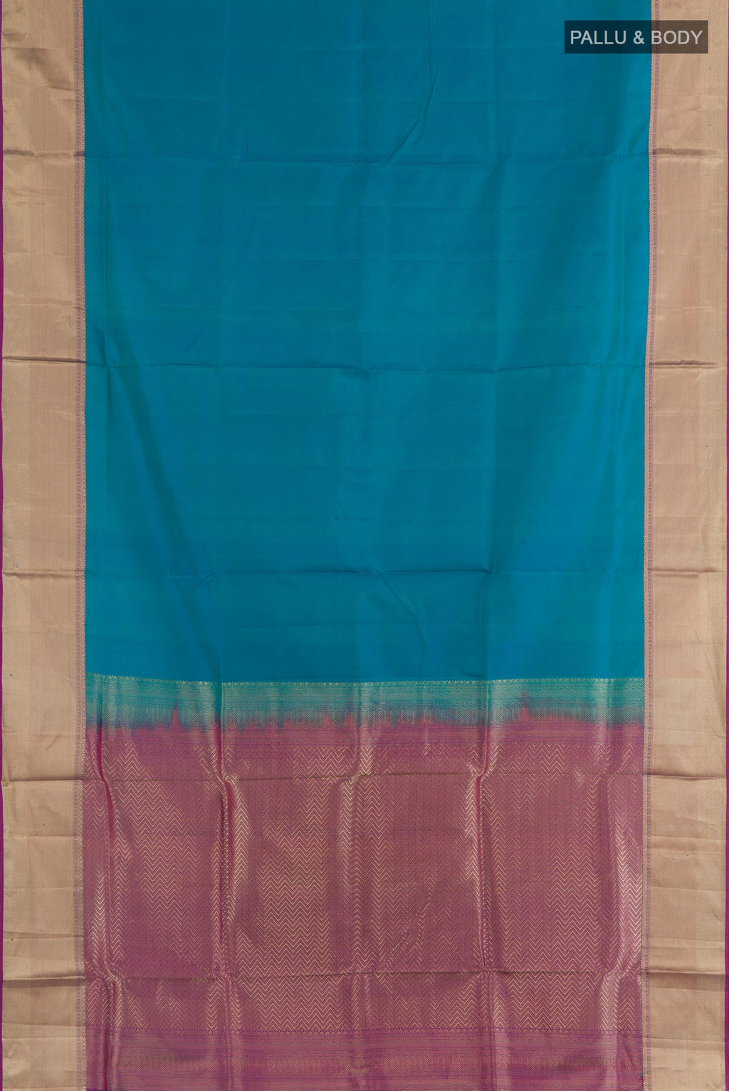Flat view of Blue Soft Silk Saree with Plain Body and Zari Border. 