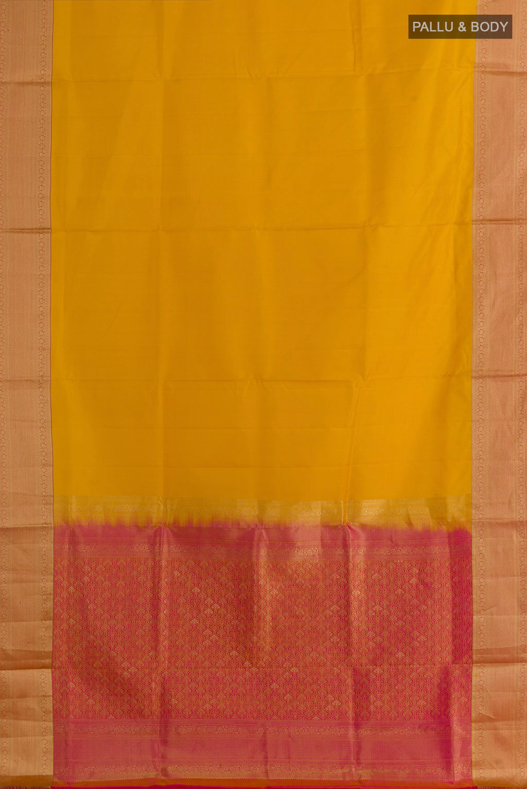 Flat view of Pure Silk Yellow Soft Saree with Plain Body and Zari Border. 