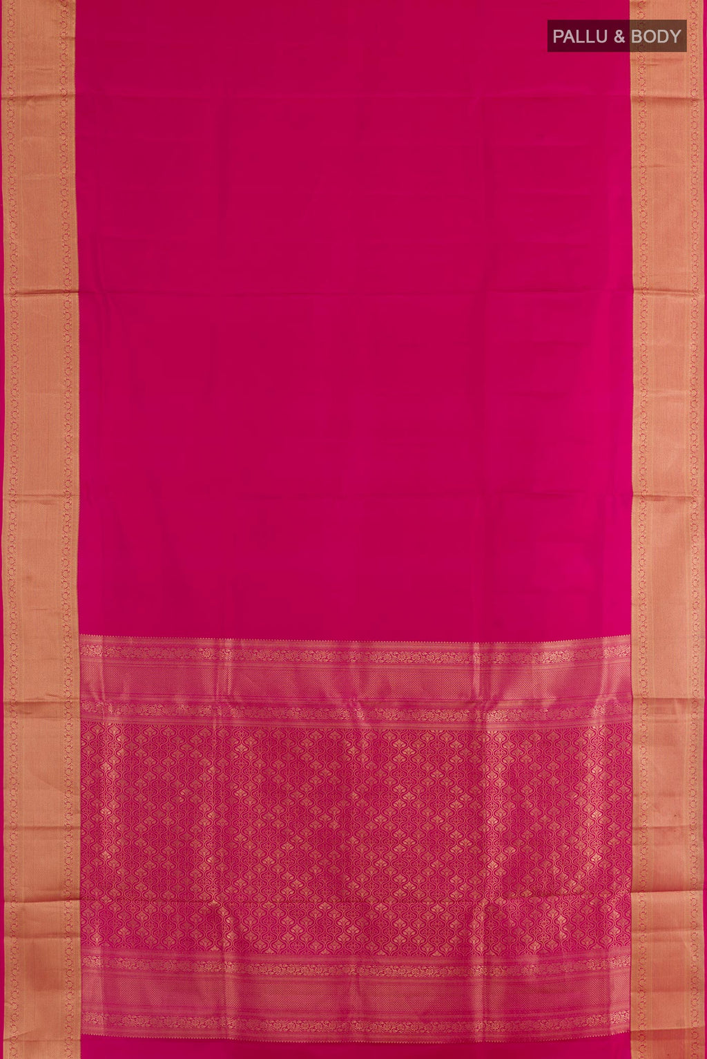 Flat view of Pink Soft Silk Saree with Plain Body and Zari Border. 