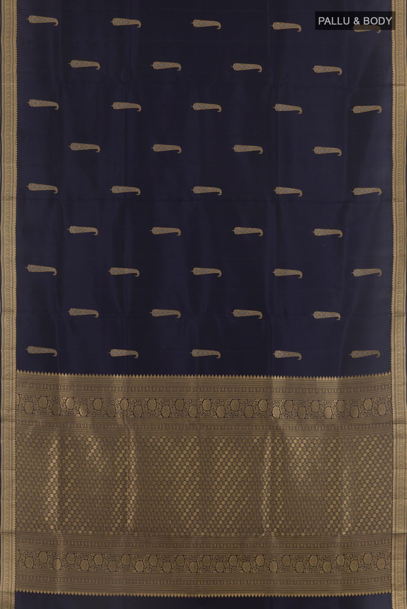 Flat view of Navy Blue Soft Silk Saree with Zari Butta on the body and Zari Border. 