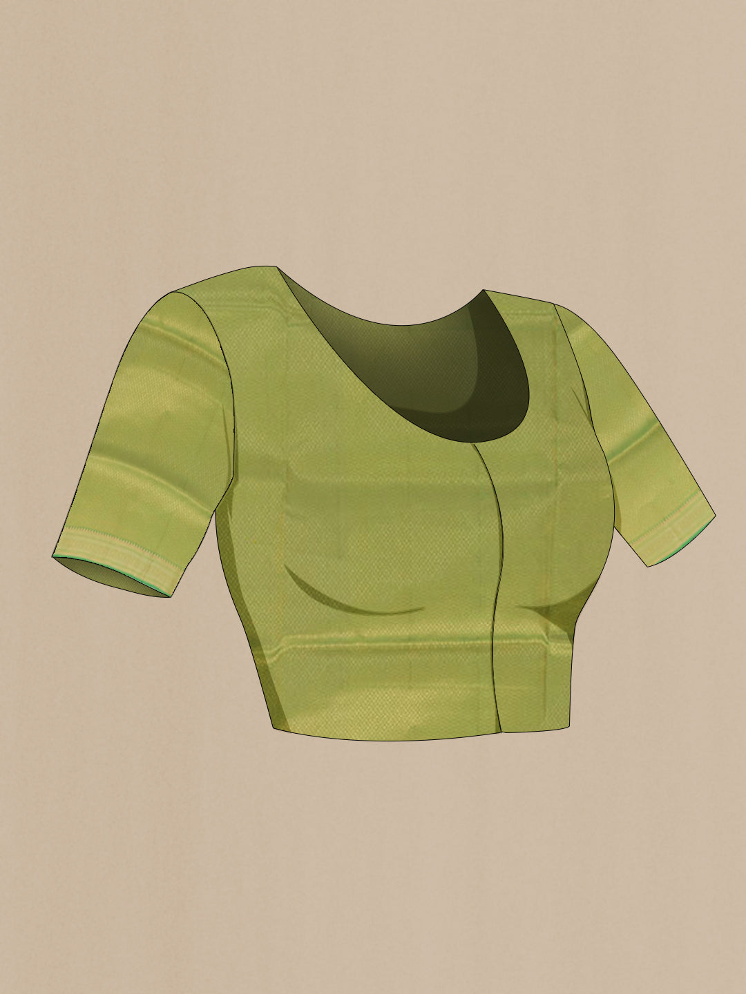 Close up image of the blouse of Green Soft Silk Saree with Zari Butta on the body and Zari Border. 