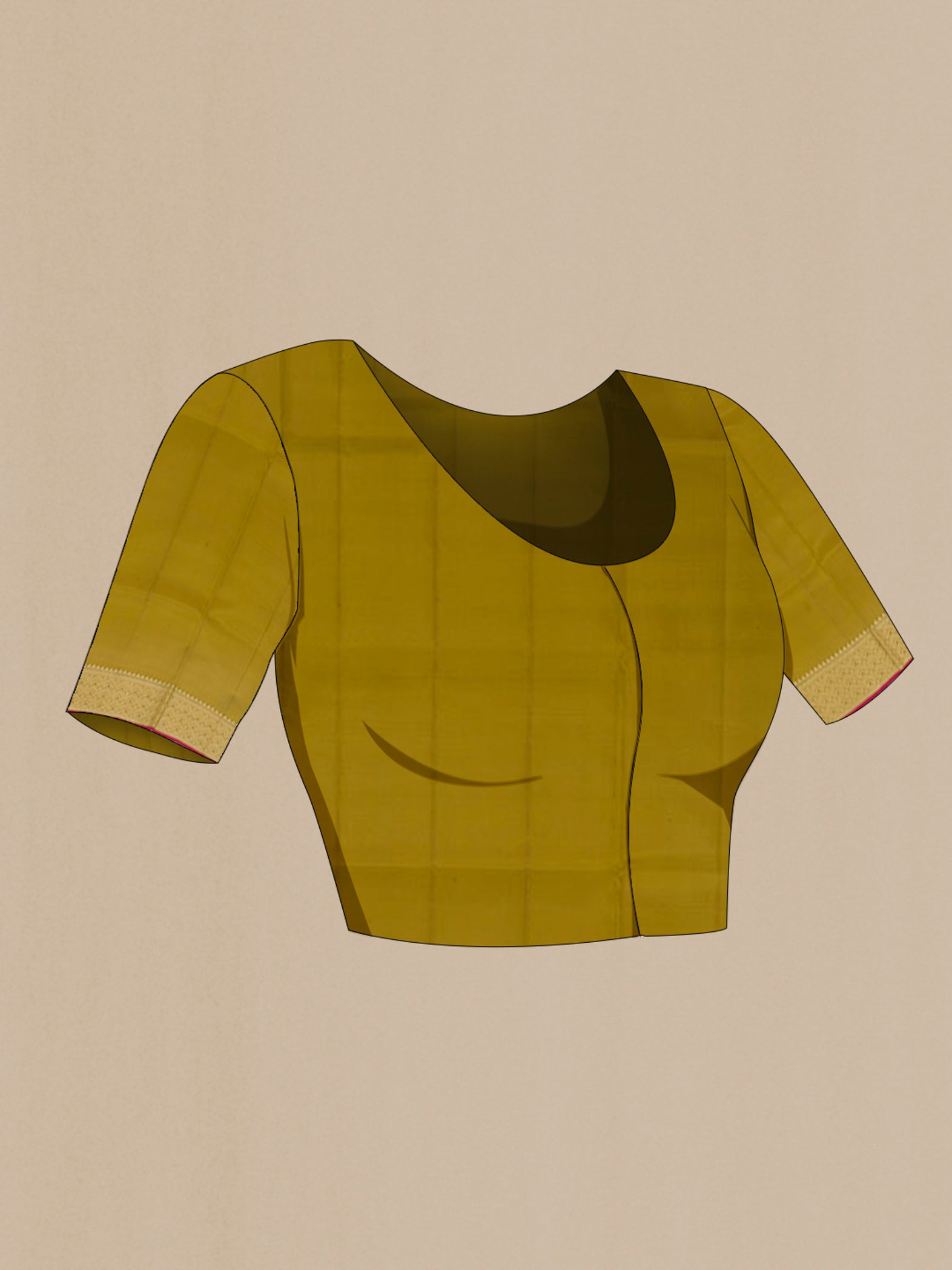 Close up image of the blouse of Mehandi Green Soft Silk Saree with Zari Butta on the body and Zari Border. 