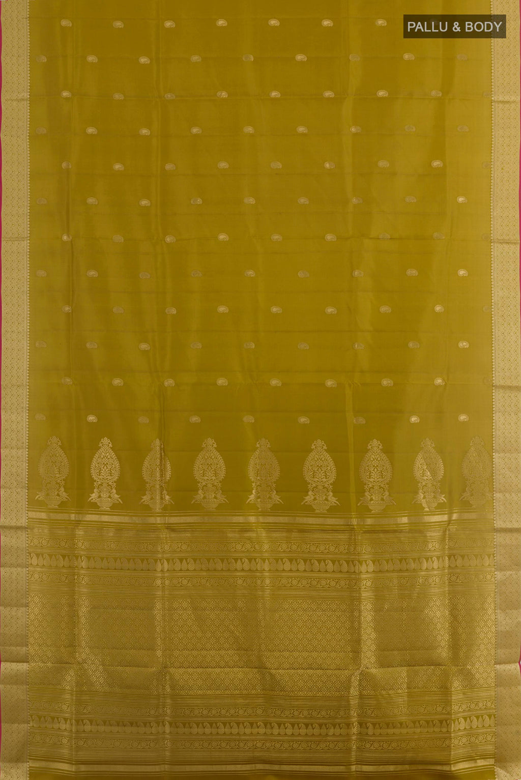 Flat view of Mehandi Green Soft Silk Saree with Zari Butta on the body and Zari Border. 