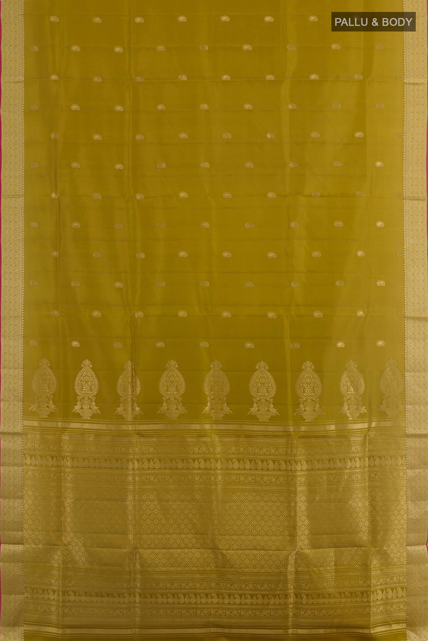 Flat view of Mehandi Green Soft Silk Saree with Zari Butta on the body and Zari Border. 