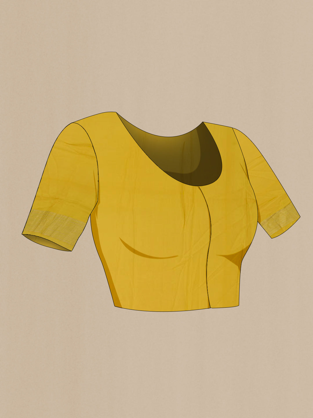 Close up image of the blouse of Yellow Mysore Crepe Saree with Zari Brocade on the body and Zari Border. 