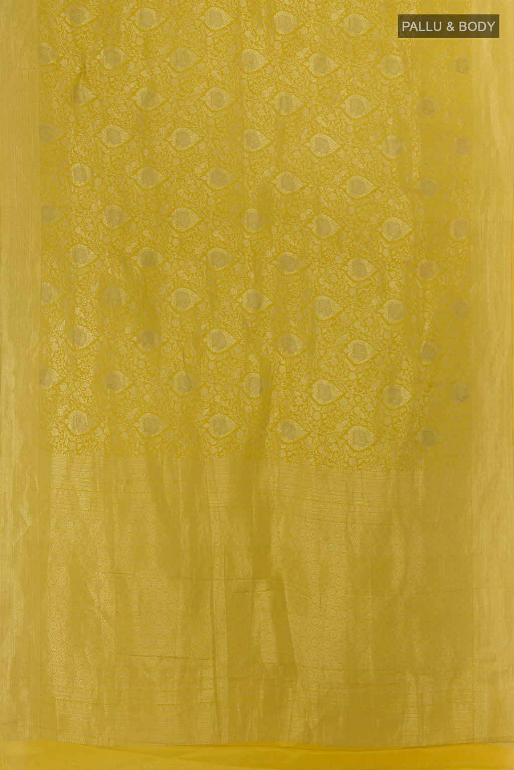 Flat view of Yellow Mysore Crepe Saree with Zari Brocade on the body and Zari Border. 
