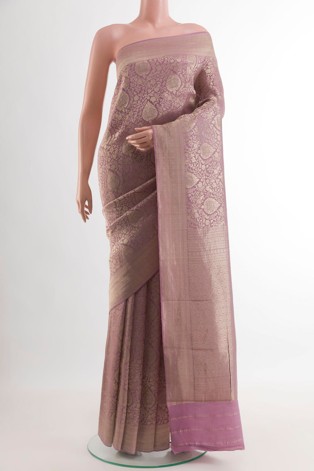 Lavender Mysore Crepe Saree with Zari Brocade on the body and Zari Border.  displayed on a mannequin