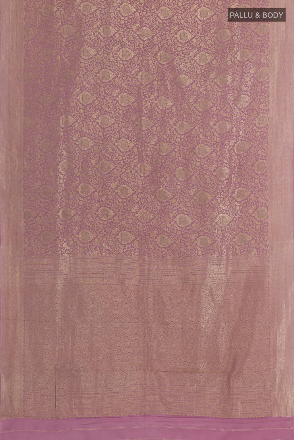 Flat view of Lavender Mysore Crepe Saree with Zari Brocade on the body and Zari Border. 