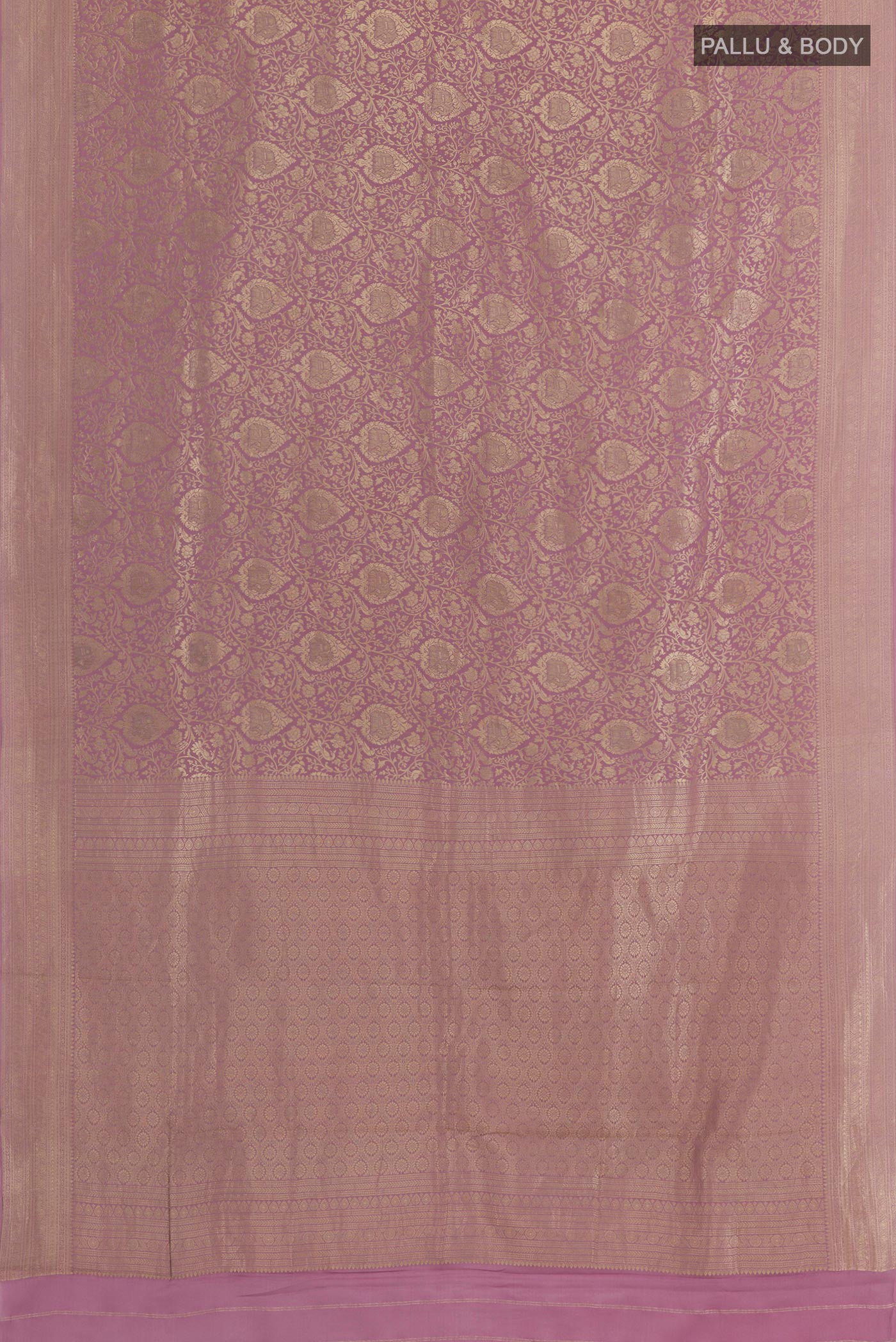 Flat view of Lavender Mysore Crepe Saree with Zari Brocade on the body and Zari Border. 