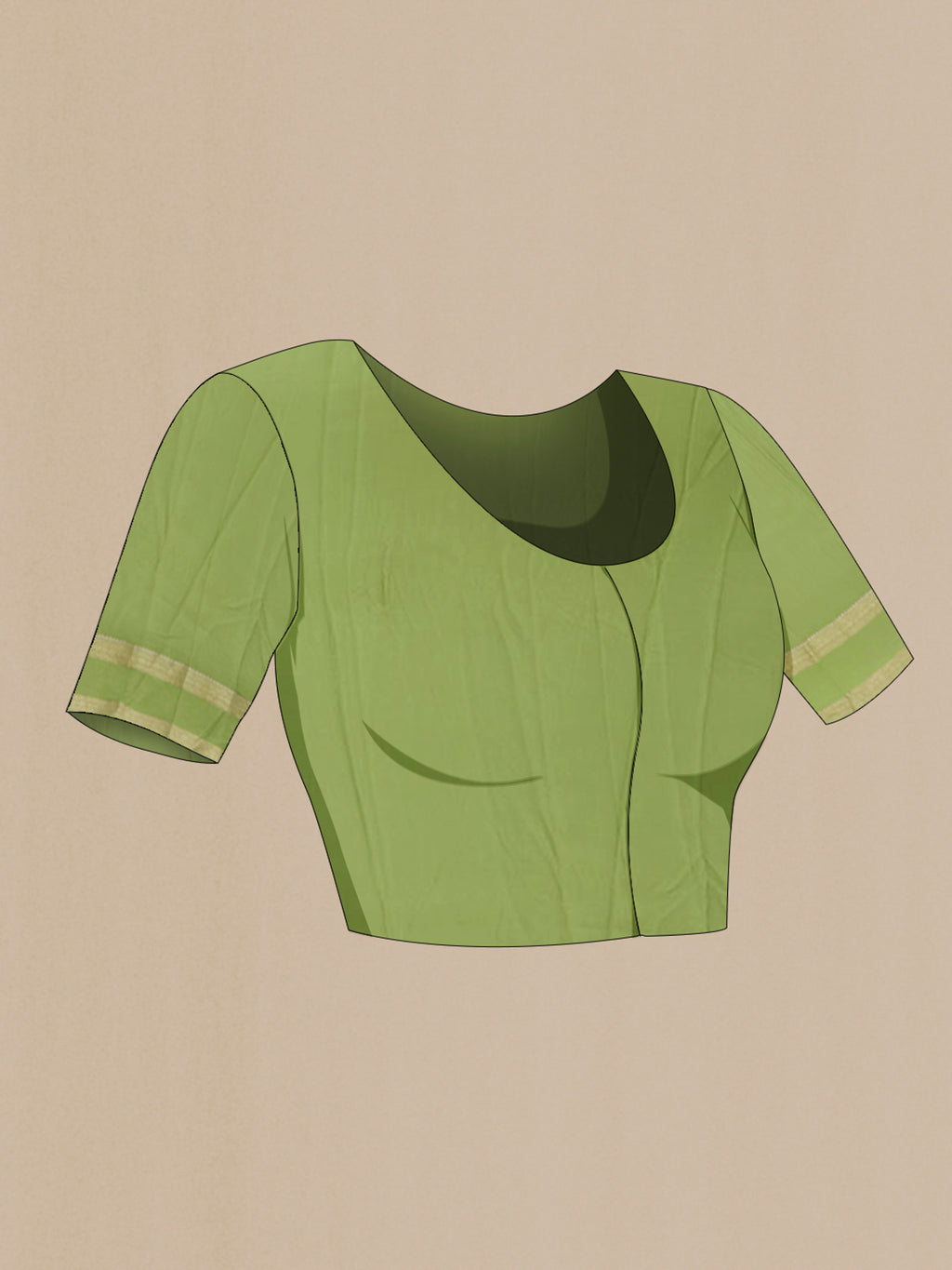 Close up image of the blouse of Green Mysore Crepe Saree with Zari Brocade on the body and Zari Border. 