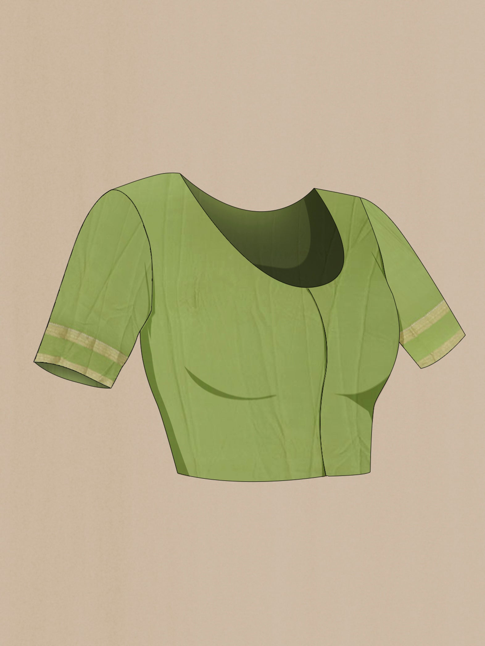 Close up image of the blouse of Green Mysore Crepe Saree with Zari Brocade on the body and Zari Border. 