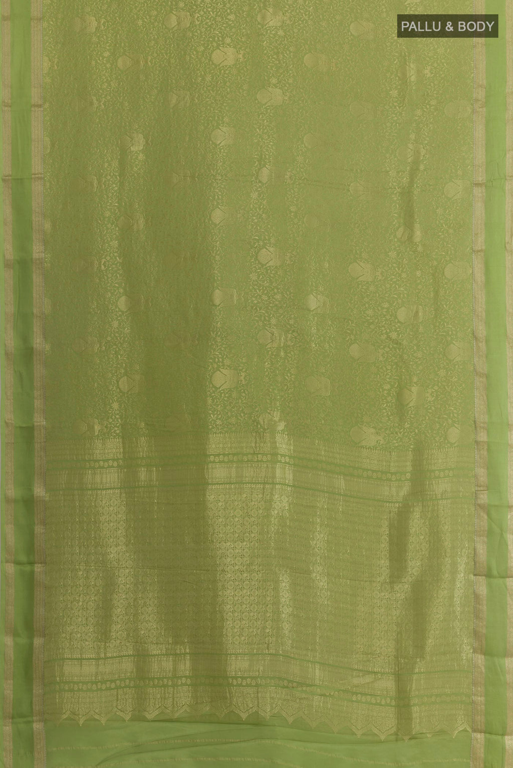 Flat view of Green Mysore Crepe Saree with Zari Brocade on the body and Zari Border. 