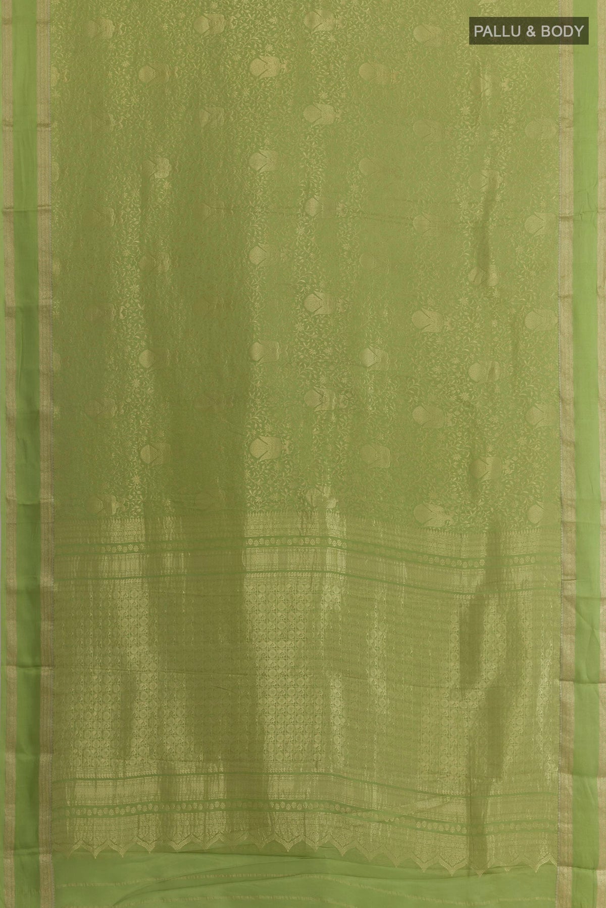 Flat view of Green Mysore Crepe Saree with Zari Brocade on the body and Zari Border. 