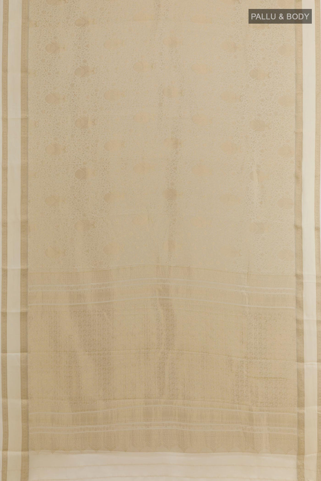 Flat view of Off White Mysore Crepe Saree with Zari Brocade on the body and Zari Border. 