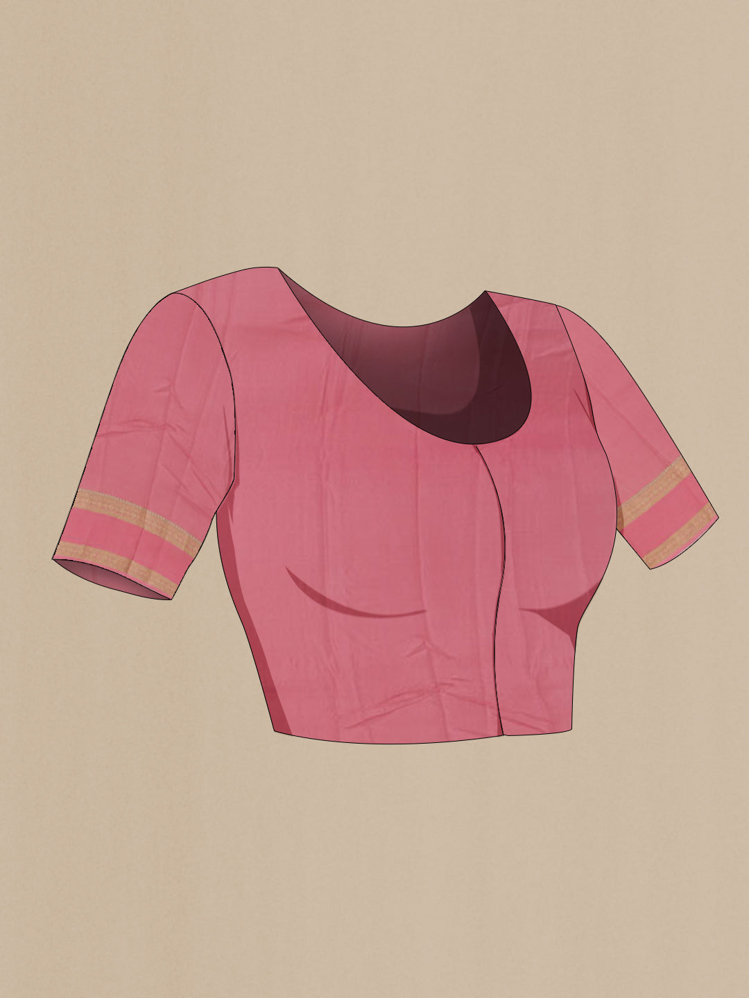 Close up image of the blouse of Pink Mysore Crepe Saree with Zari Brocade on the body and Zari Border. 
