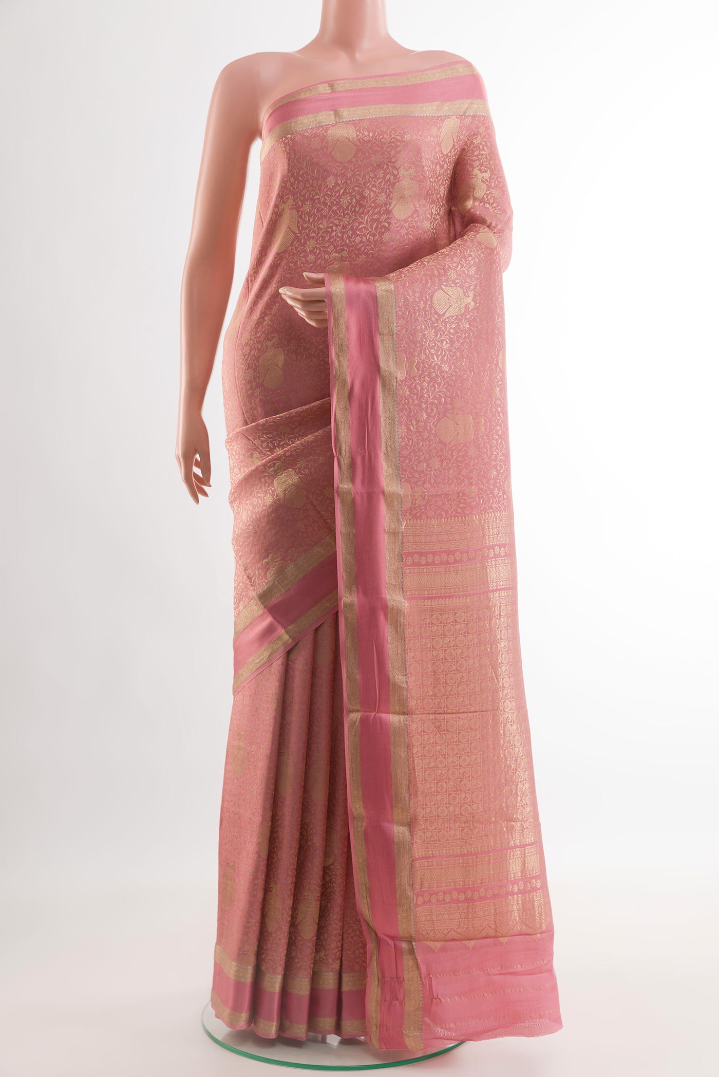 Pink Mysore Crepe Saree with Zari Brocade on the body and Zari Border.  displayed on a mannequin