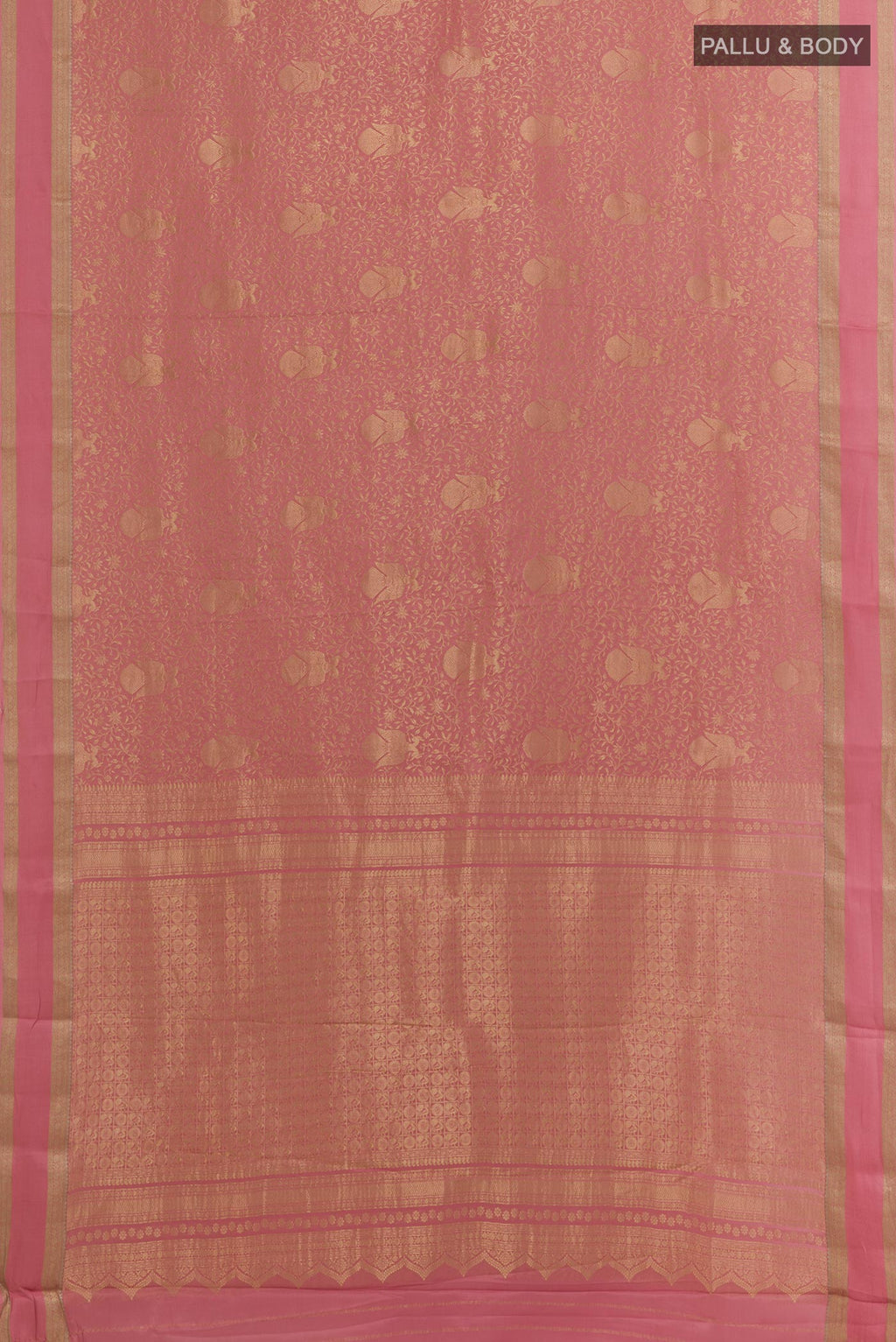 Flat view of Pink Mysore Crepe Saree with Zari Brocade on the body and Zari Border. 