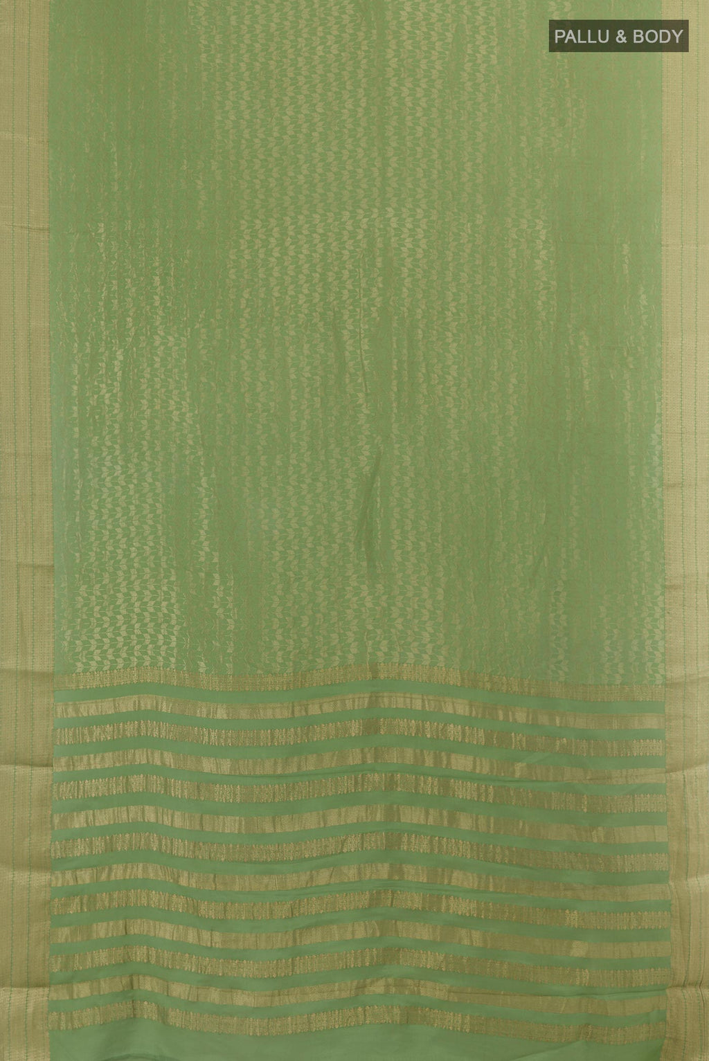 Flat view of Sage Green Mysore Crepe Saree with Zari Brocade on the body and Zari Border. 