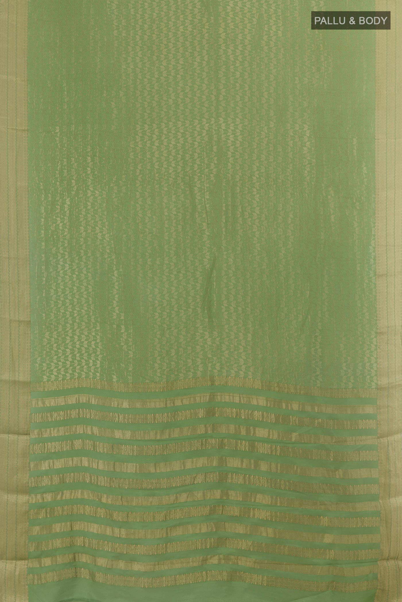 Flat view of Sage Green Mysore Crepe Saree with Zari Brocade on the body and Zari Border. 
