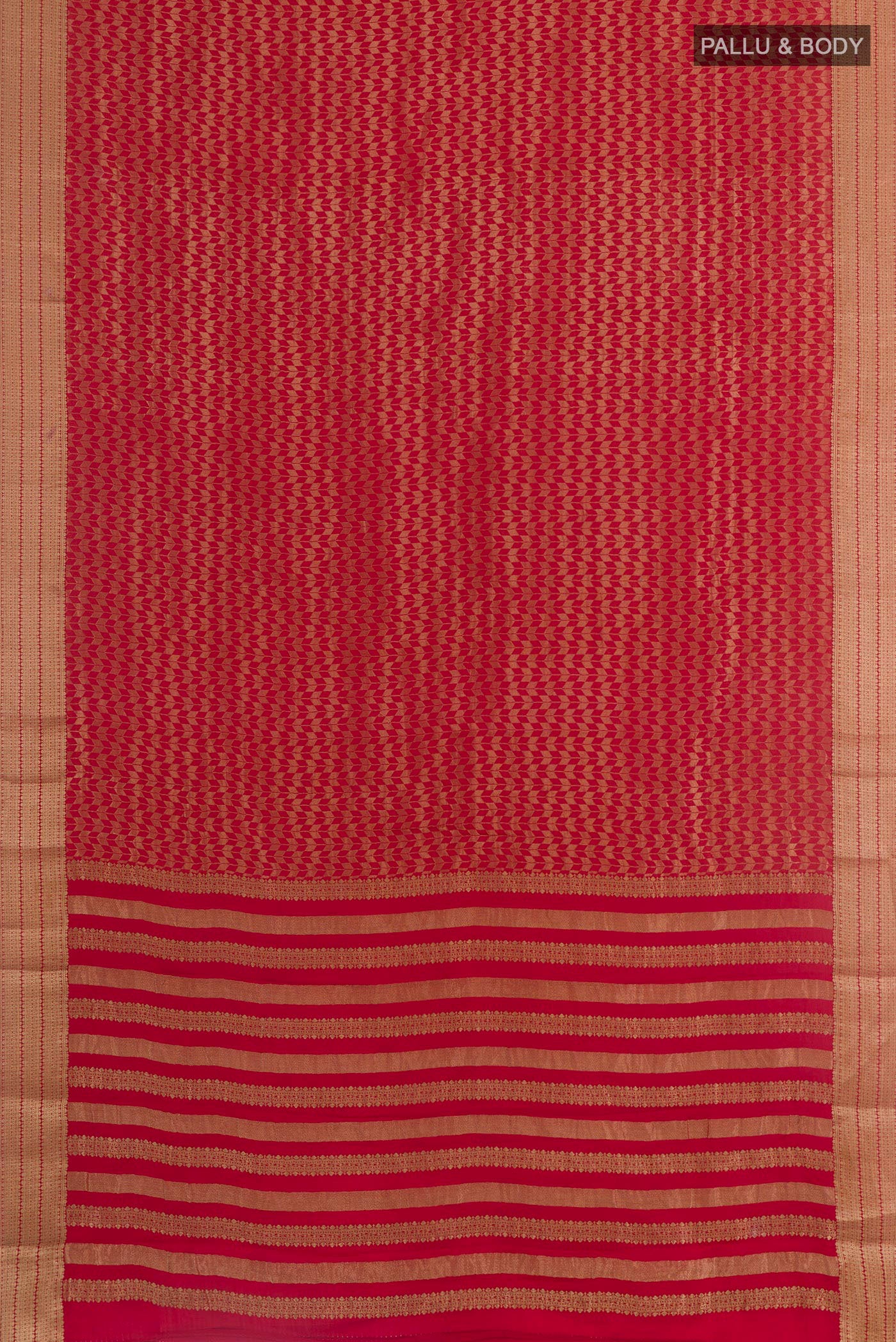 Flat view of Red Mysore Crepe Saree with Zari Brocade on the body and Zari Border. 