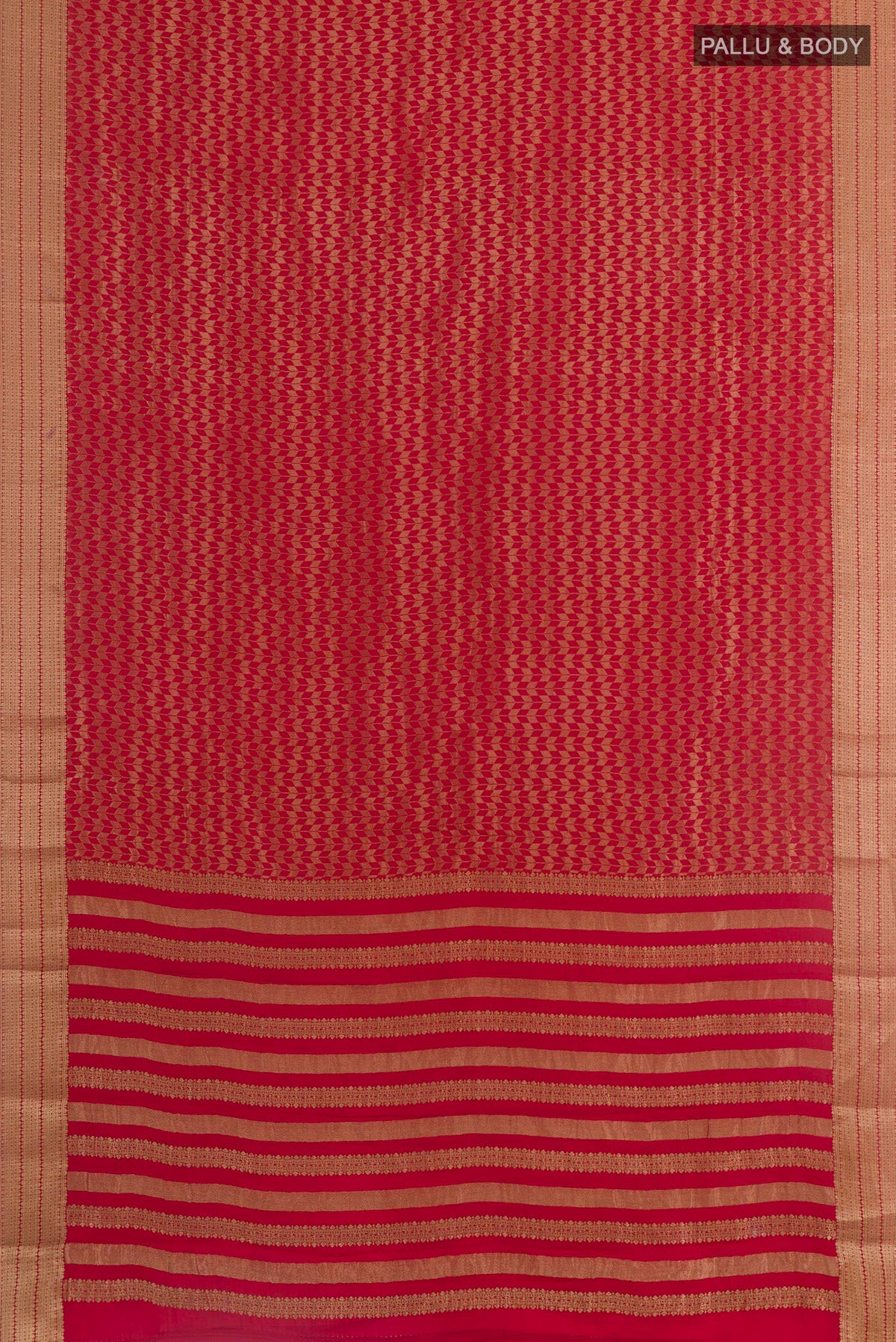 Flat view of Red Mysore Crepe Saree with Zari Brocade on the body and Zari Border. 
