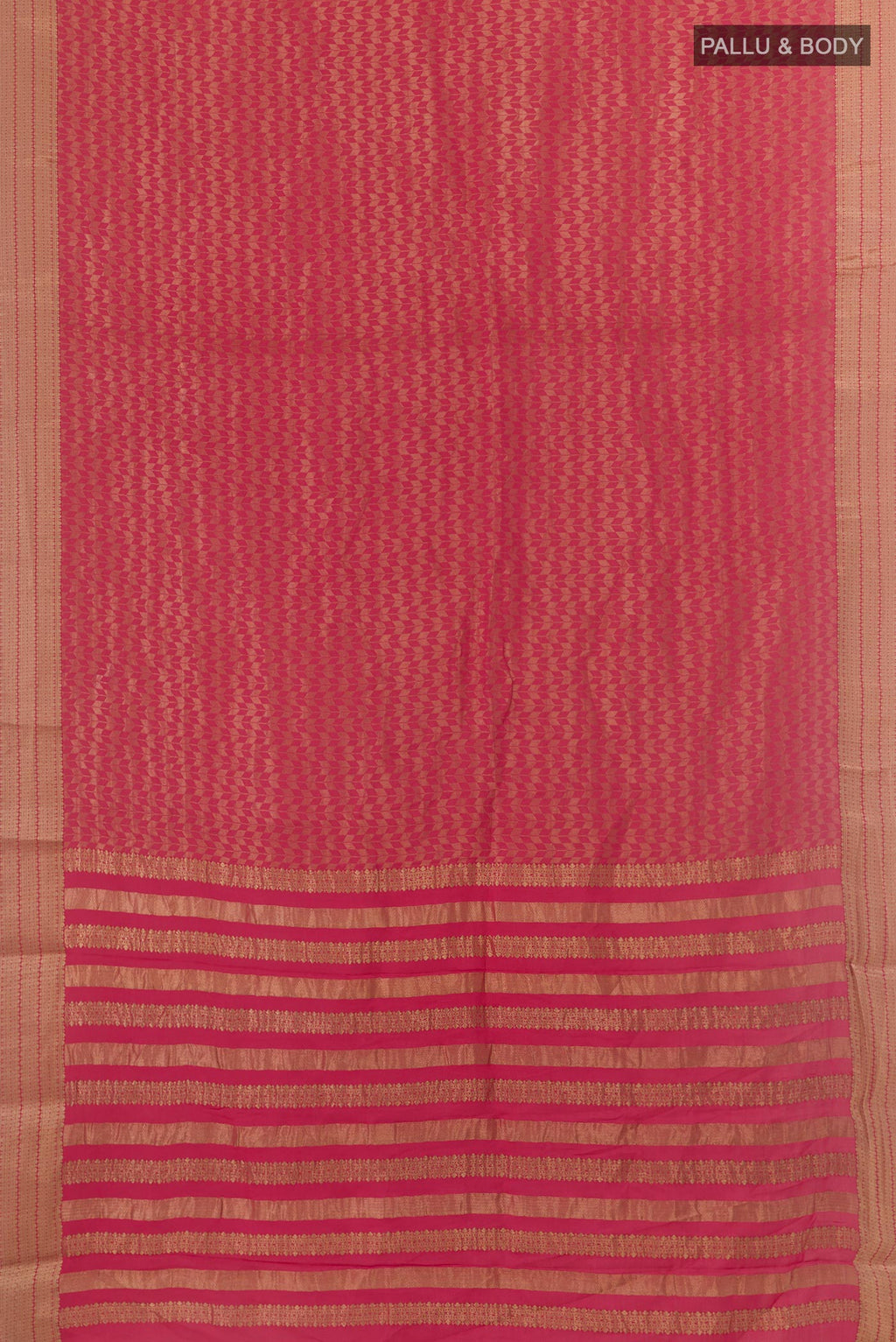 Flat view of Pink Mysore Crepe Saree with Zari Brocade on the body and Zari Border. 