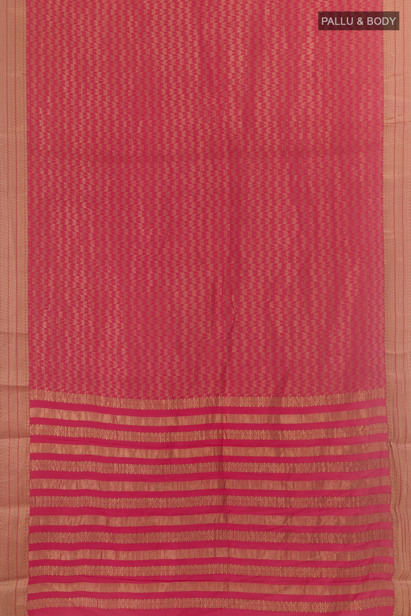 Flat view of Pink Mysore Crepe Saree with Zari Brocade on the body and Zari Border. 