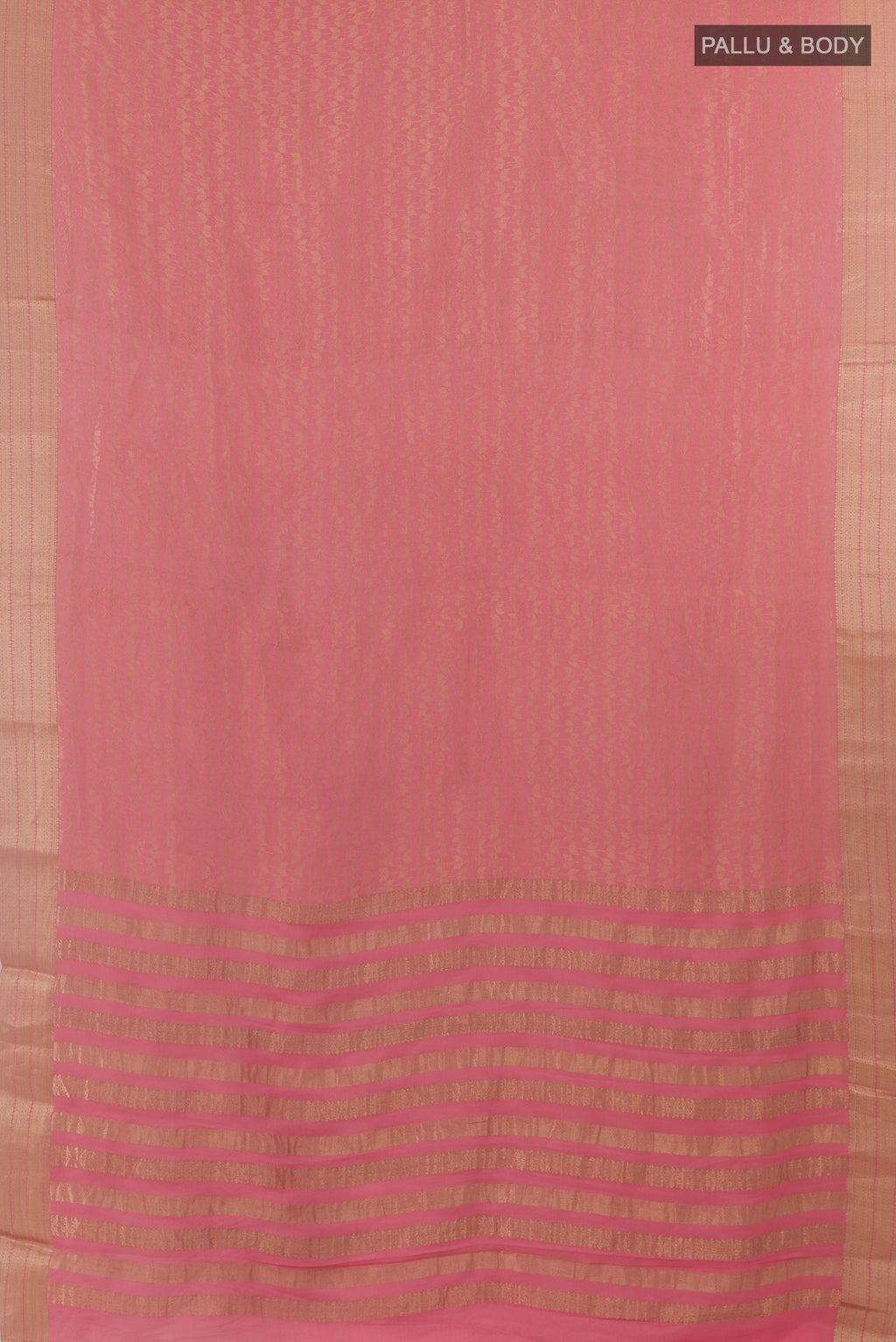 Flat view of Peach Mysore Crepe Saree with Zari Brocade on the body and Zari Border. 