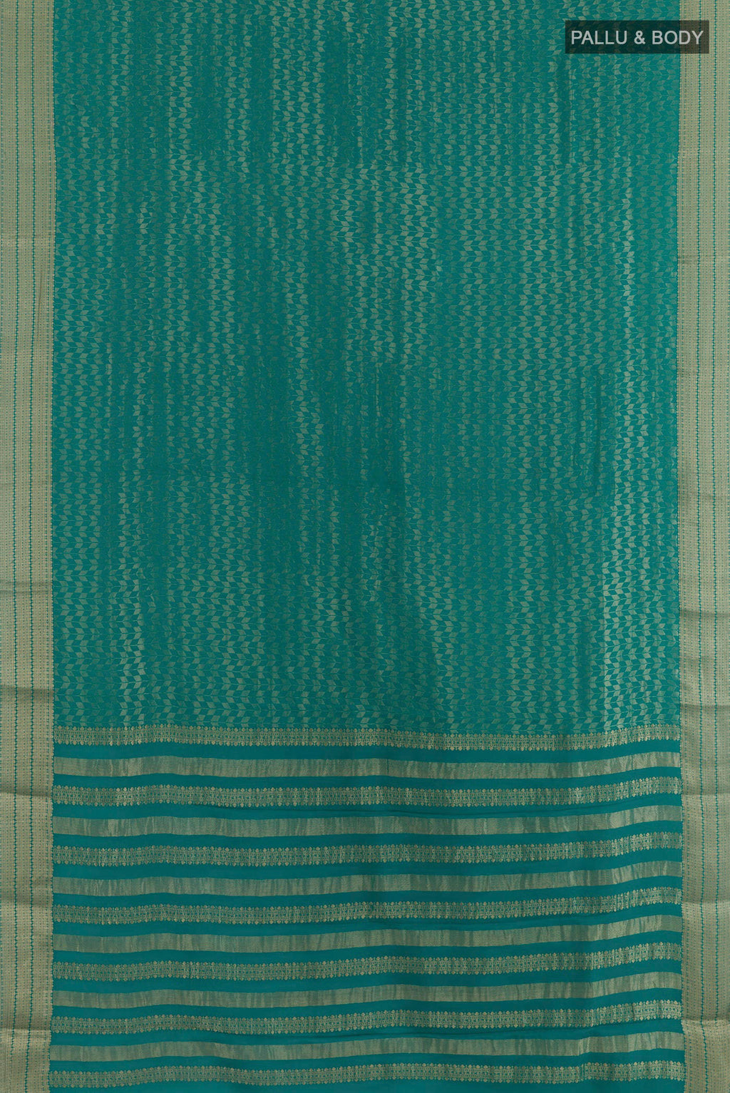 Flat view of Sea Green Mysore Crepe Saree with Zari Brocade on the body and Zari Border. 