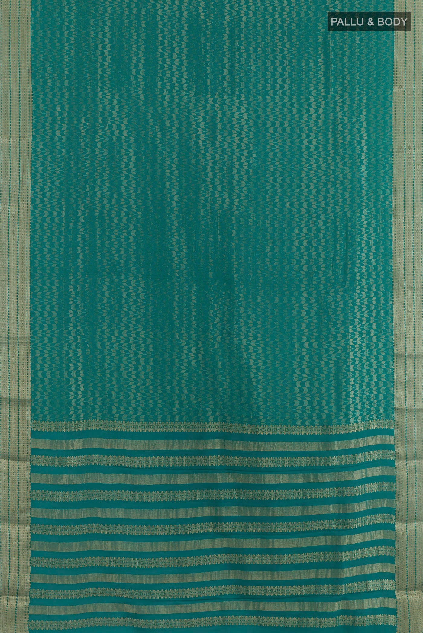 Flat view of Sea Green Mysore Crepe Saree with Zari Brocade on the body and Zari Border. 