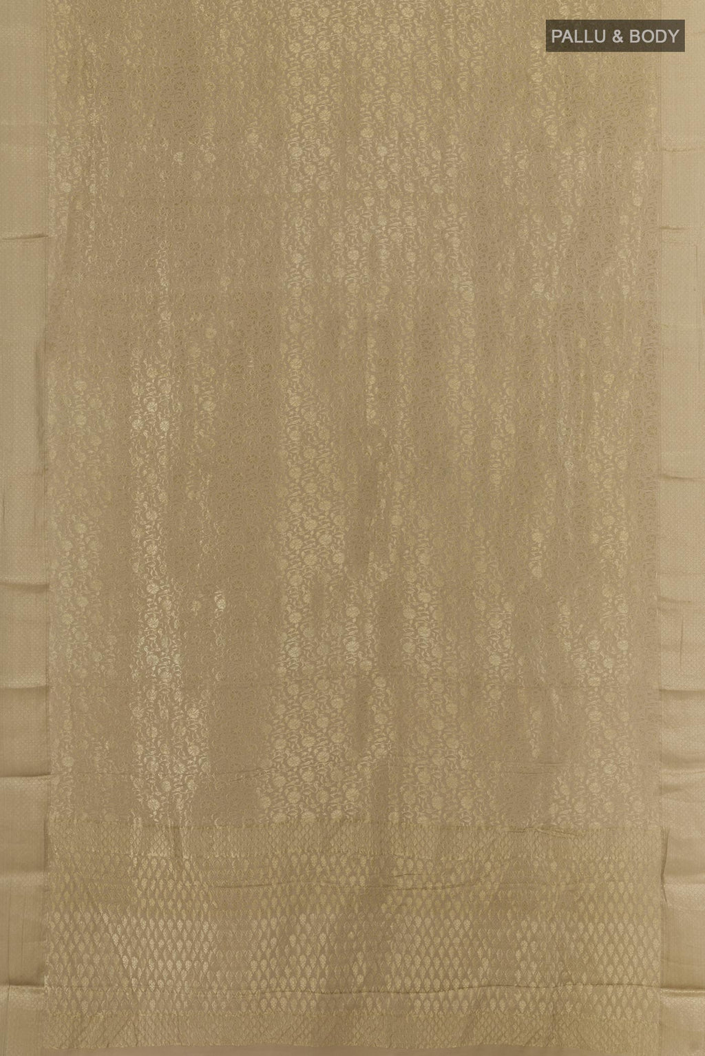 Flat view of Beige Mysore Crepe Saree with Zari Brocade on the body and Zari Border. 