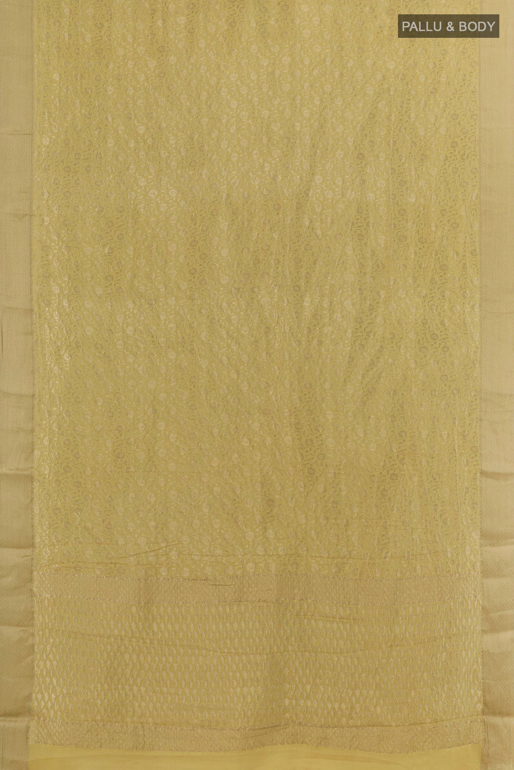Flat view of Sandal Mysore Crepe Saree with Zari Brocade on the body and Zari Border. 