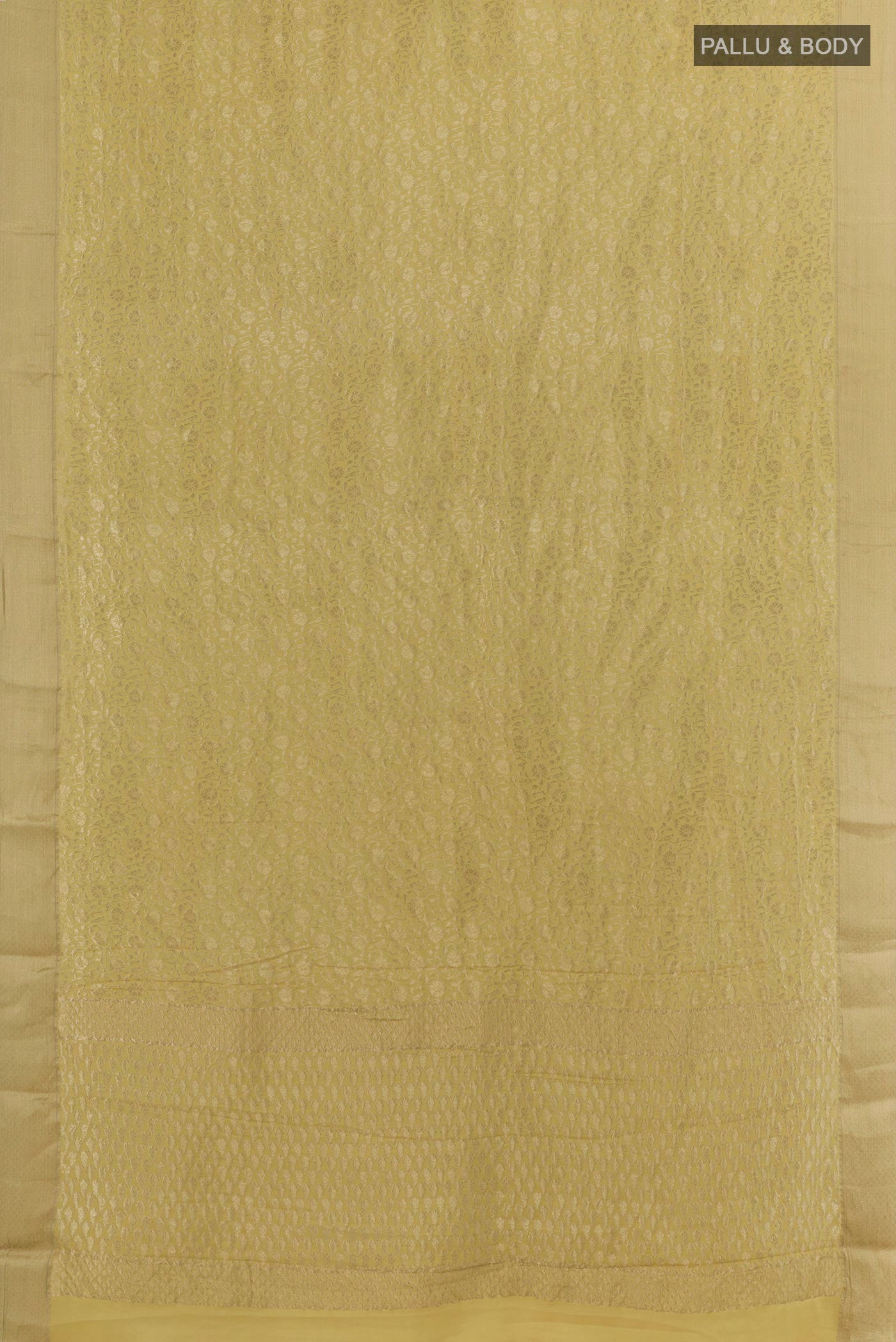 Flat view of Sandal Mysore Crepe Saree with Zari Brocade on the body and Zari Border. 