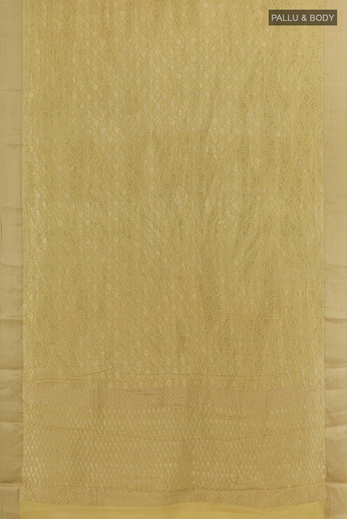 Flat view of Sandal Mysore Crepe Saree with Zari Brocade on the body and Zari Border. 