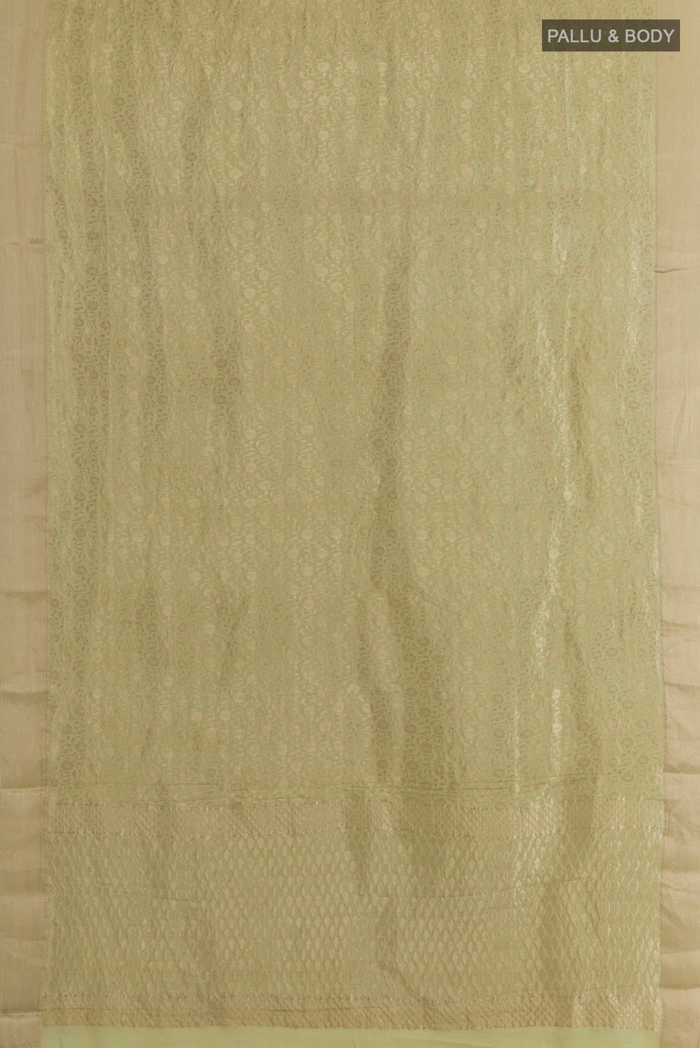 Flat view of Light Green Mysore Crepe Saree with Zari Brocade on the body and Zari Border. 