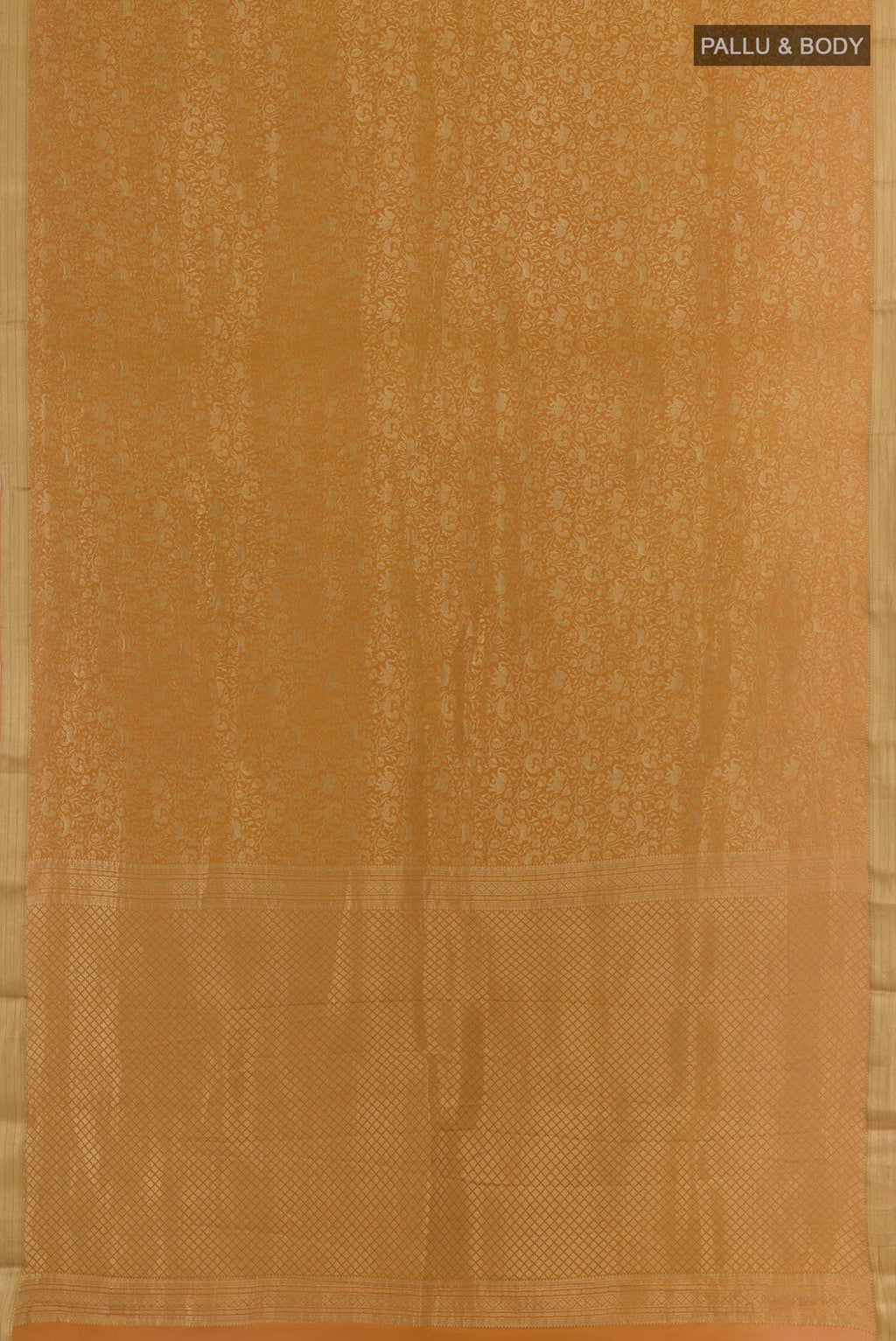 Flat view of Caramel Mysore Crepe Saree with Zari Brocade on the body and Zari Border. 