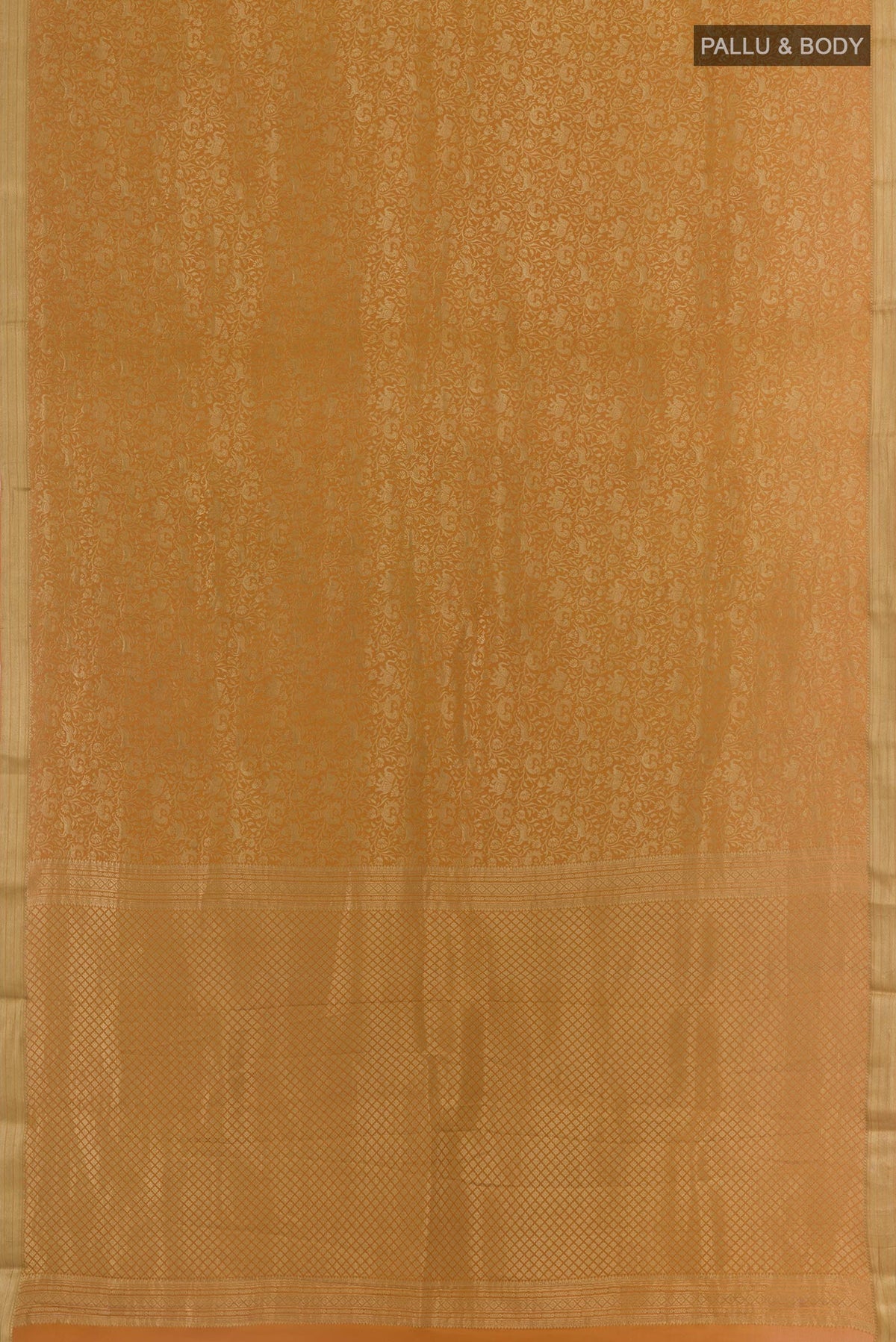 Flat view of Caramel Mysore Crepe Saree with Zari Brocade on the body and Zari Border. 