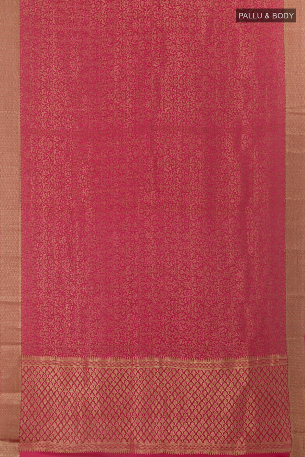 Flat view of Pink Mysore Crepe Saree with Zari Brocade on the body and Zari Border. 