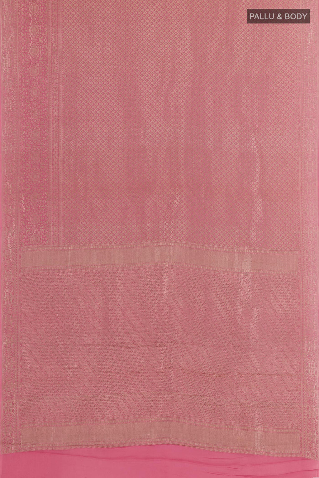 Flat view of Pink Mysore Crepe Saree with Zari Butta on the body and Zari Border. 