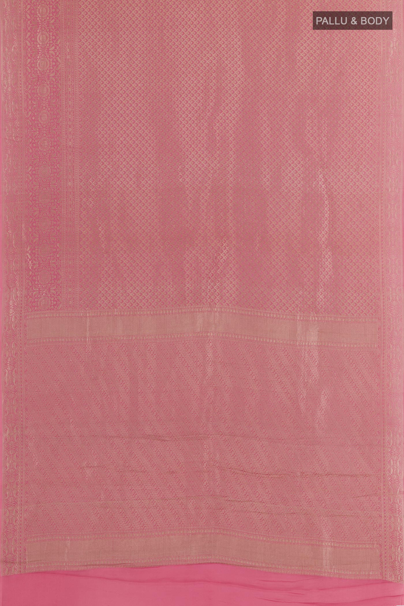 Flat view of Pink Mysore Crepe Saree with Zari Butta on the body and Zari Border. 