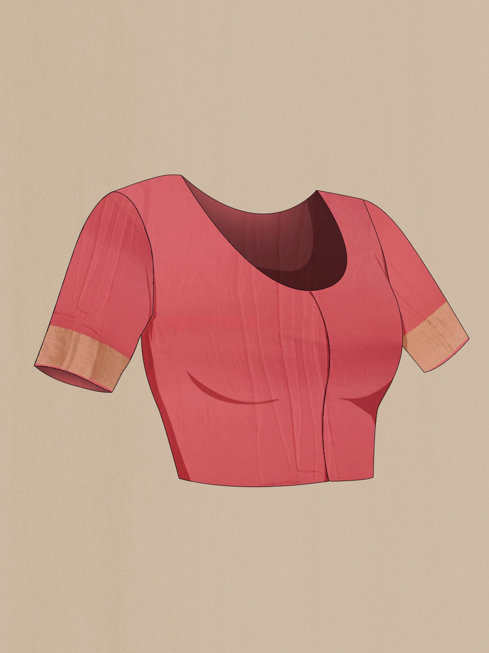 Close up image of the blouse of Coral Mysore Crepe Saree with Zari Brocade on the body and Zari Border. 