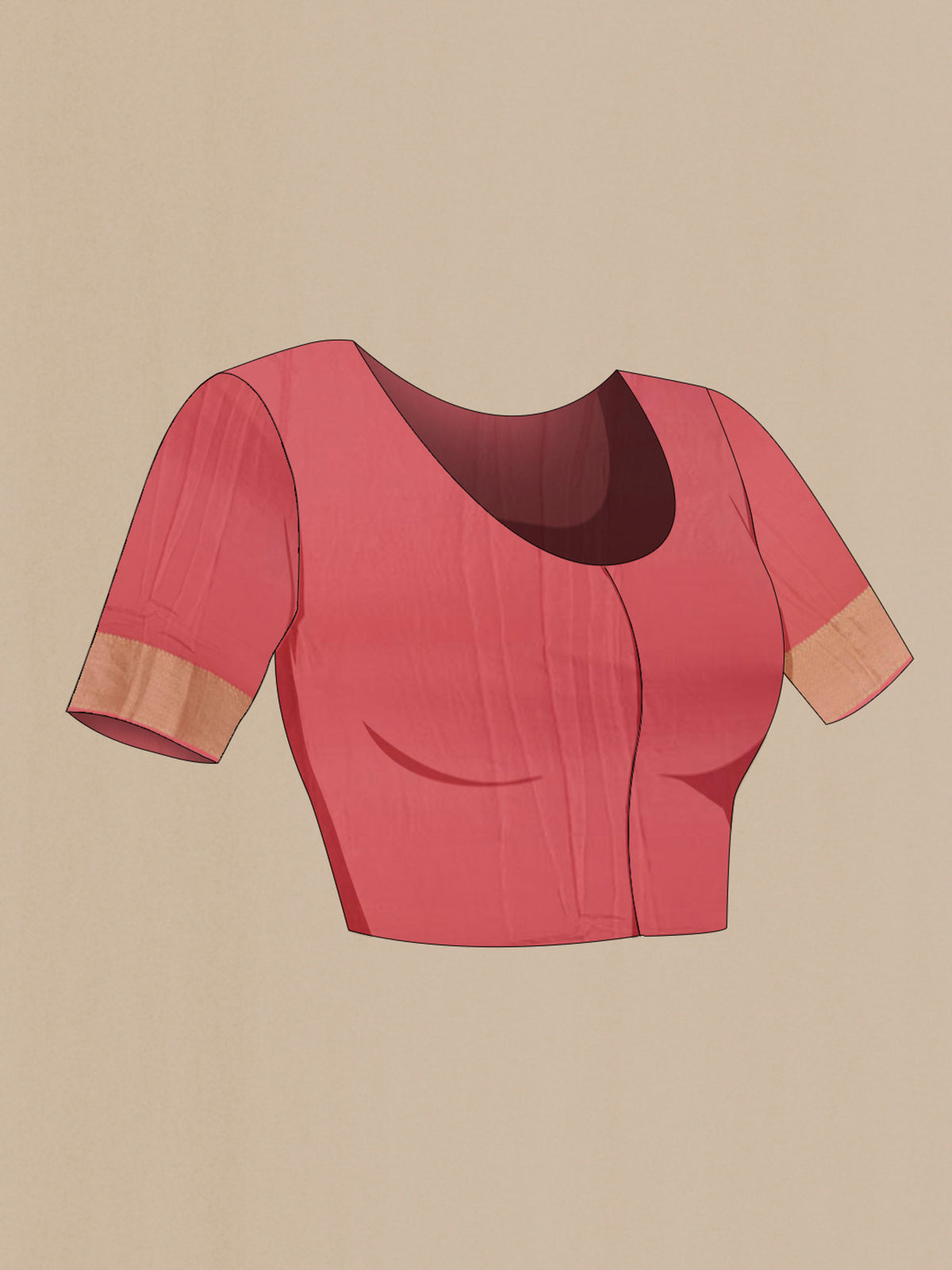 Close up image of the blouse of Coral Mysore Crepe Saree with Zari Brocade on the body and Zari Border. 