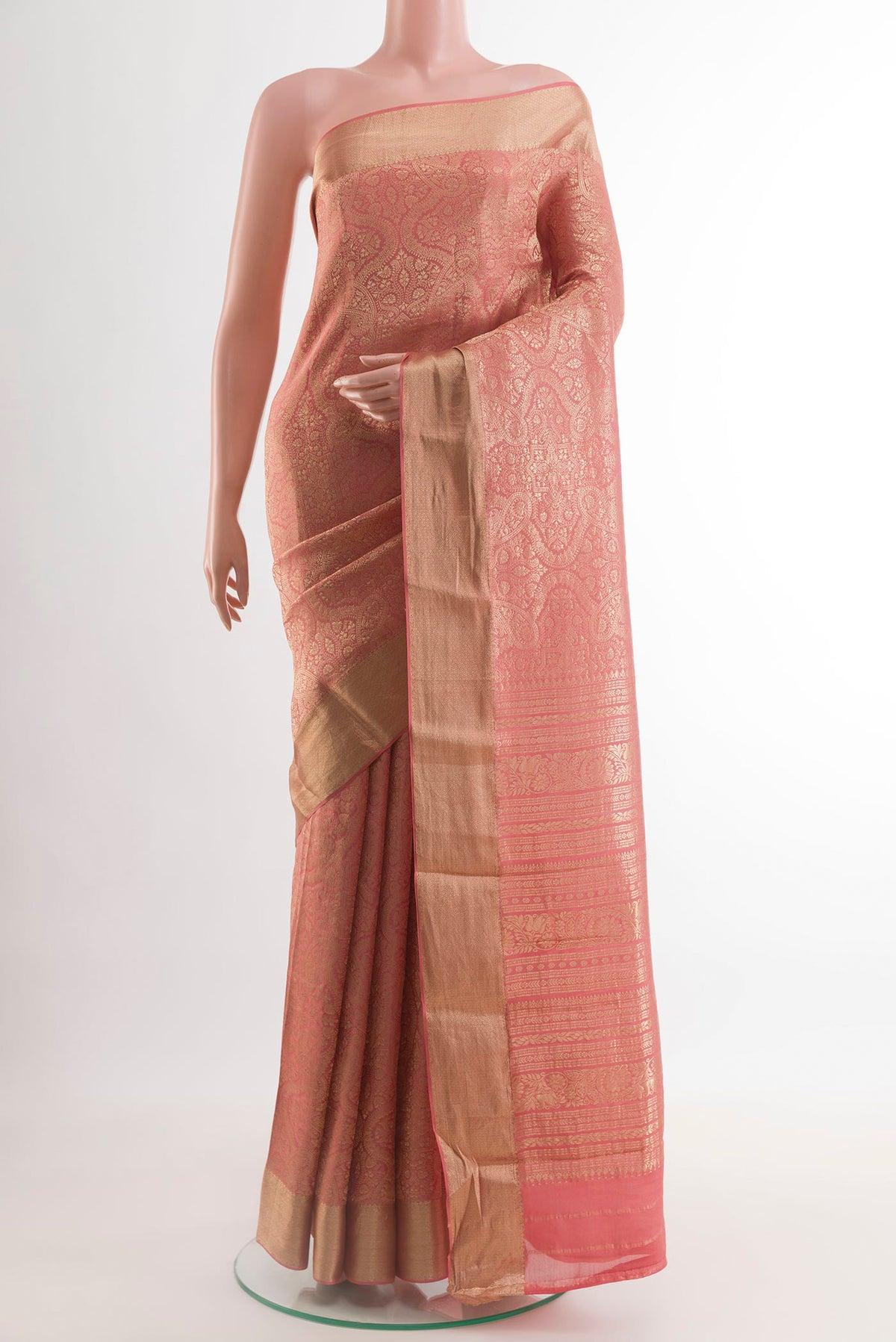 Coral Mysore Crepe Saree with Zari Brocade on the body and Zari Border.  displayed on a mannequin