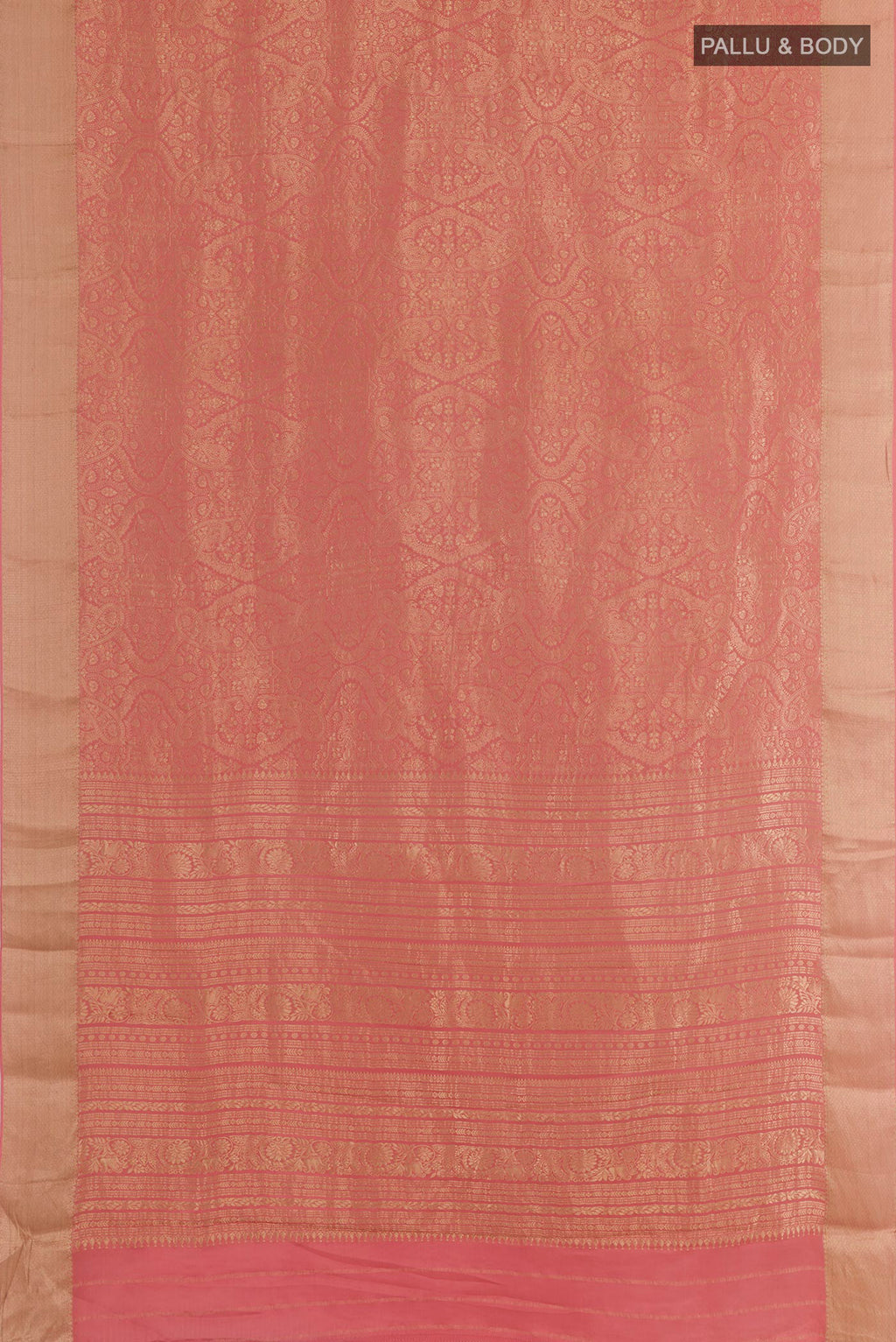 Flat view of Coral Mysore Crepe Saree with Zari Brocade on the body and Zari Border. 