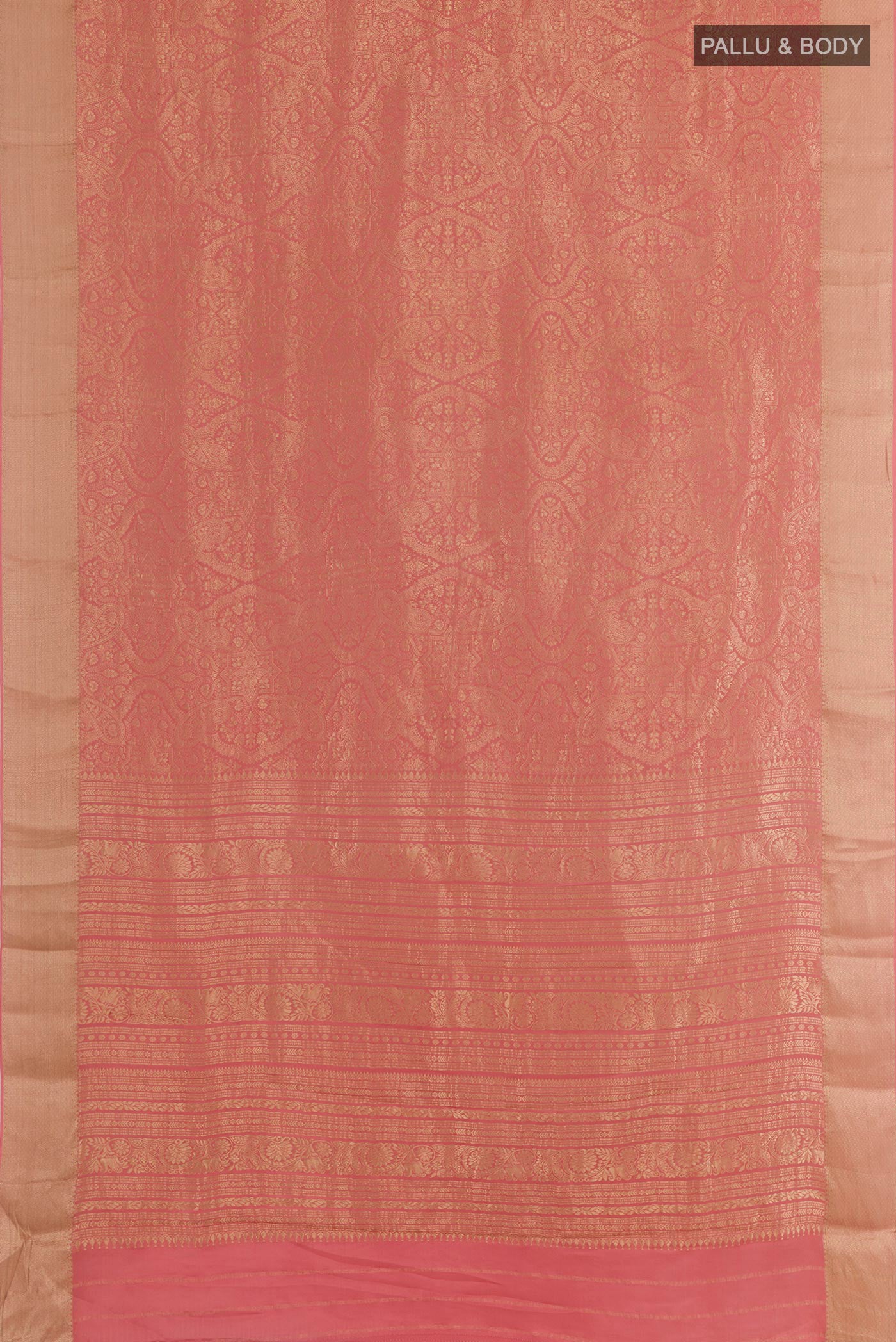 Flat view of Coral Mysore Crepe Saree with Zari Brocade on the body and Zari Border. 