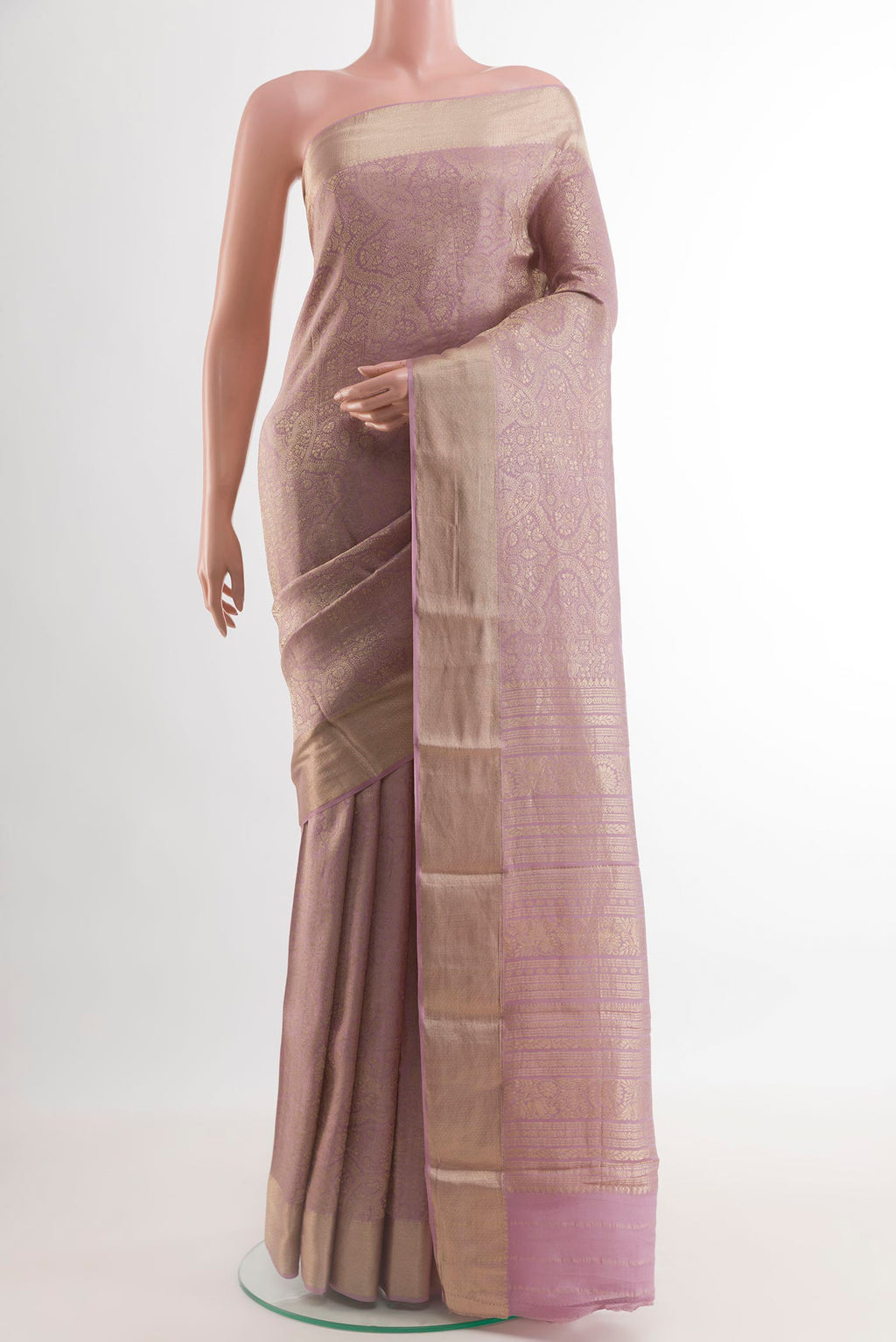 Lavender Mysore Crepe Saree with Zari Brocade on the body and Zari Border.  displayed on a mannequin