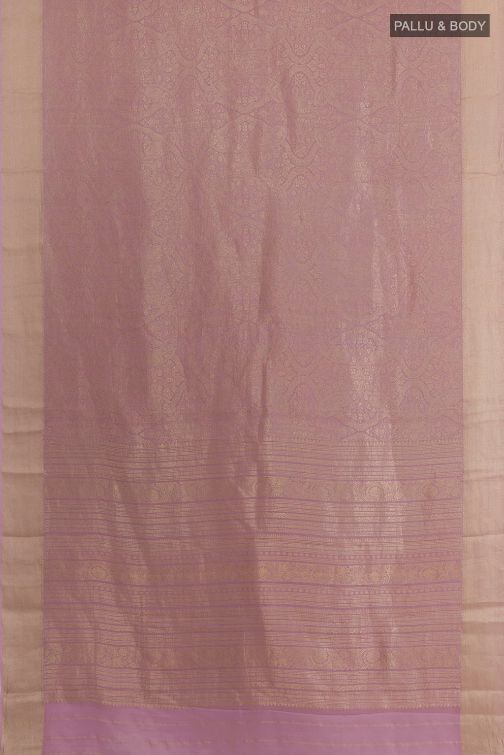 Flat view of Lavender Mysore Crepe Saree with Zari Brocade on the body and Zari Border. 